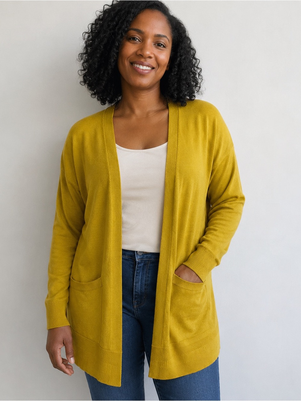 Time and Tru Cardigan Womens L 12-14 Mustard Open Front Long Sweater Pockets